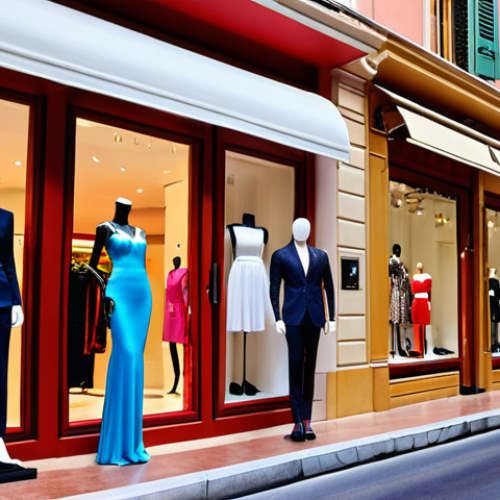 Home 19 **
"A vibrant street scene in Monaco's fashion district, showcasing luxury boutiques with mannequins dressed in the latest designer clothing. Focus on the rich colors, elegant window displays, and a sense of aspirational style, appealing to Urdu-speaking shoppers interested in high-end fashion."
**