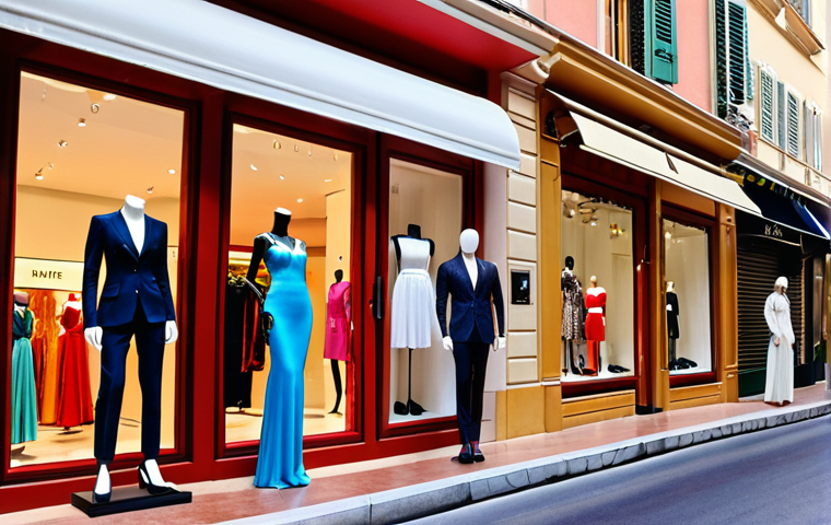 **
"A vibrant street scene in Monaco's fashion district, showcasing luxury boutiques with mannequins dressed in the latest designer clothing. Focus on the rich colors, elegant window displays, and a sense of aspirational style, appealing to Urdu-speaking shoppers interested in high-end fashion."
**