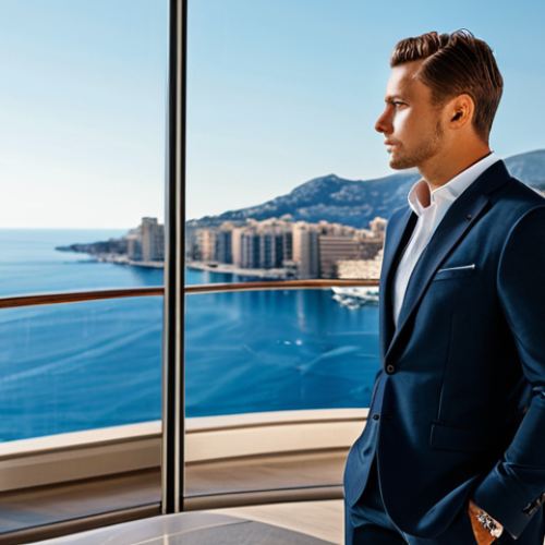 Home 17 A sophisticated individual in modest, elegant business attire stands in a luxurious Monaco penthouse, gazing at a panoramic sea view. The interior features sleek modern architecture, smart home technology, and subtle, high-tech security systems. The atmosphere is exclusive and private. Fully clothed, appropriate attire, safe for work, appropriate content, professional. Perfect anatomy, correct proportions, natural pose, well-formed hands, proper finger count, natural body proportions, professional photography, high quality, intricate details.