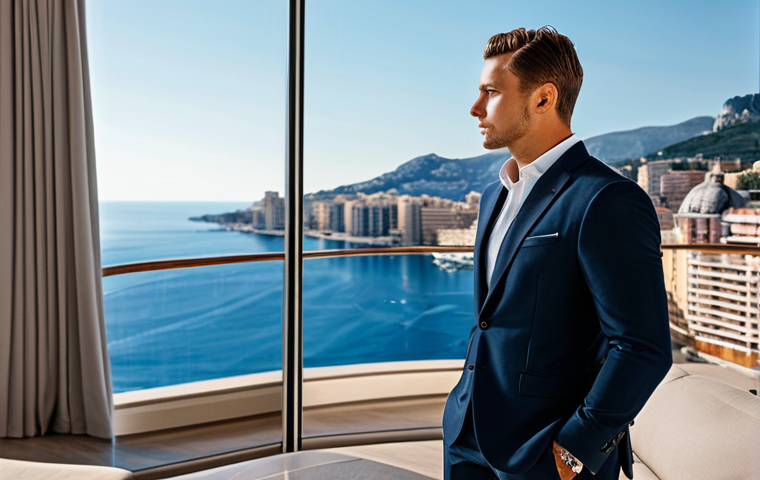 A sophisticated individual in modest, elegant business attire stands in a luxurious Monaco penthouse, gazing at a panoramic sea view. The interior features sleek modern architecture, smart home technology, and subtle, high-tech security systems. The atmosphere is exclusive and private. Fully clothed, appropriate attire, safe for work, appropriate content, professional. Perfect anatomy, correct proportions, natural pose, well-formed hands, proper finger count, natural body proportions, professional photography, high quality, intricate details.