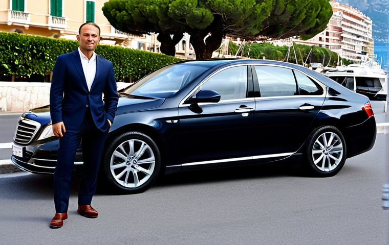 **Monaco Professional Car Ownership**
A professional man in his late 30s, fully clothed in a modest, tailored dark business suit, standing confidently beside a sleek, dark luxury sedan parked on a clean street in Monaco. The background features classic, elegant Monaco architecture and a hint of the sparkling harbor, conveying a sophisticated urban environment. The pose is natural, showcasing perfect anatomy and correct proportions, with well-formed hands and proper finger count. The lighting is bright and crisp, emphasizing professional photography and a high-quality, realistic image. This content is safe for work, appropriate content, and family-friendly.