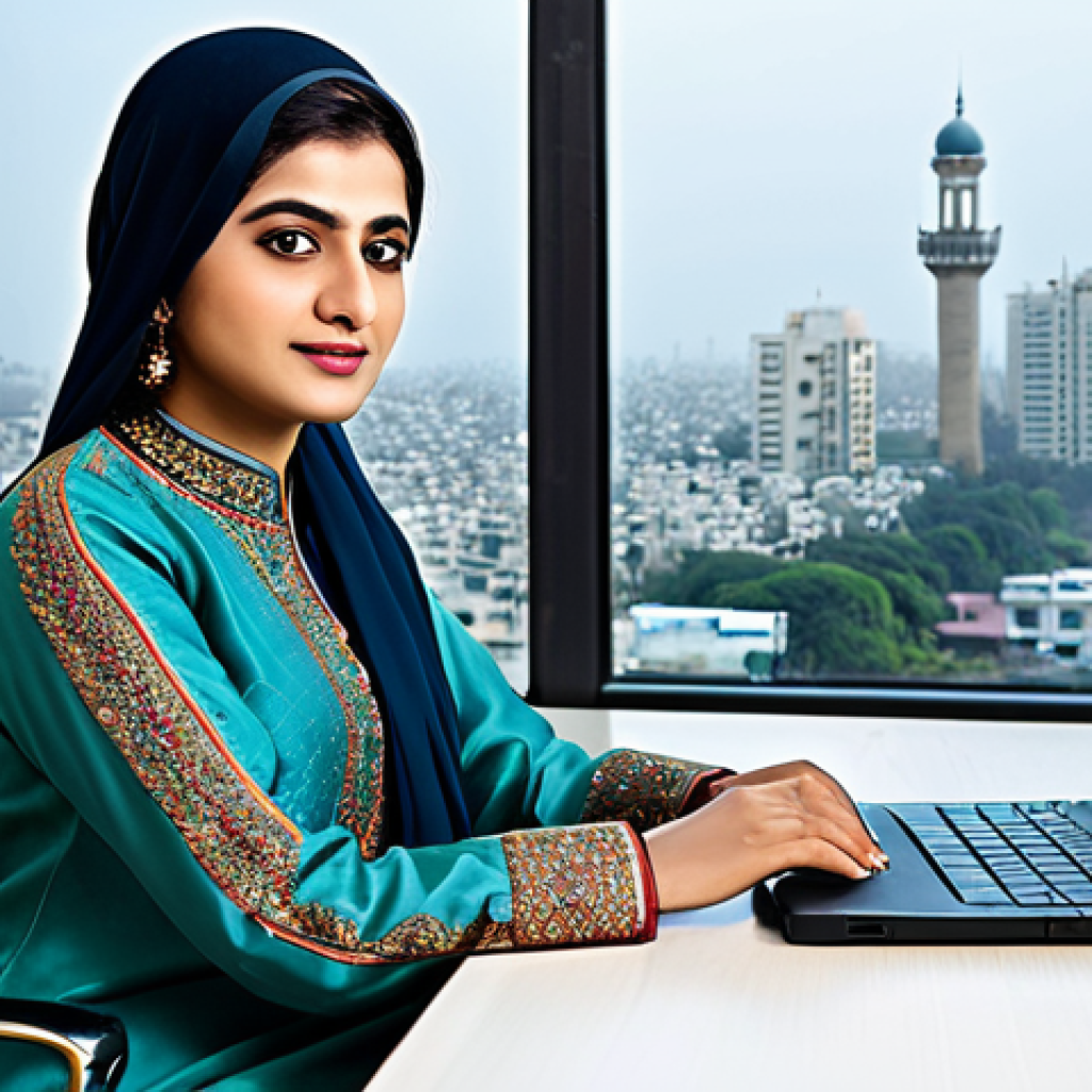 **Image:** A professional Pakistani businesswoman in a modest shalwar kameez with intricate embroidery, sitting at a modern office desk with a laptop. Background: A bustling cityscape of Karachi visible through the window. *safe for work, appropriate content, fully clothed, professional, perfect anatomy, correct proportions, natural pose, high quality*