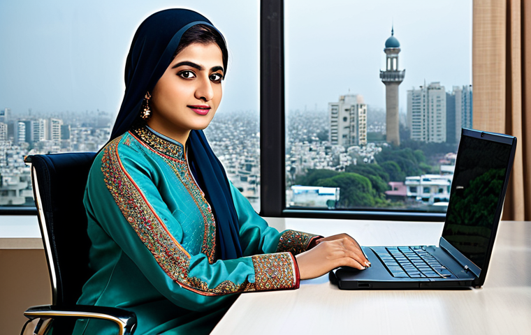 **Image:** A professional Pakistani businesswoman in a modest shalwar kameez with intricate embroidery, sitting at a modern office desk with a laptop. Background: A bustling cityscape of Karachi visible through the window. *safe for work, appropriate content, fully clothed, professional, perfect anatomy, correct proportions, natural pose, high quality*