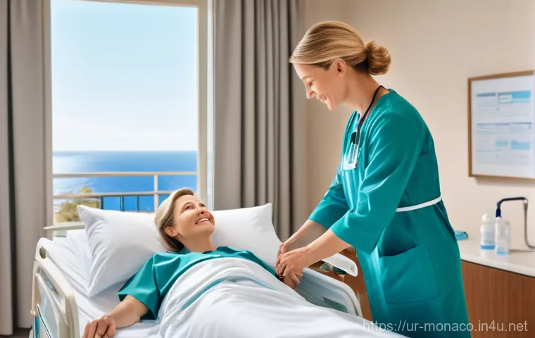모나코 내 의료 서비스 및 병원 - **Prompt:** A bright, spacious, and ultra-modern hospital room in Monaco, featuring a large window o...