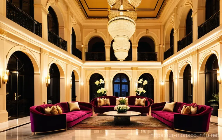 모나코 호텔 및 숙박 추천 - **Monaco Hotel Grand Lobby:** A wide shot of a magnificent, ultra-luxury hotel lobby in Monaco. The ...