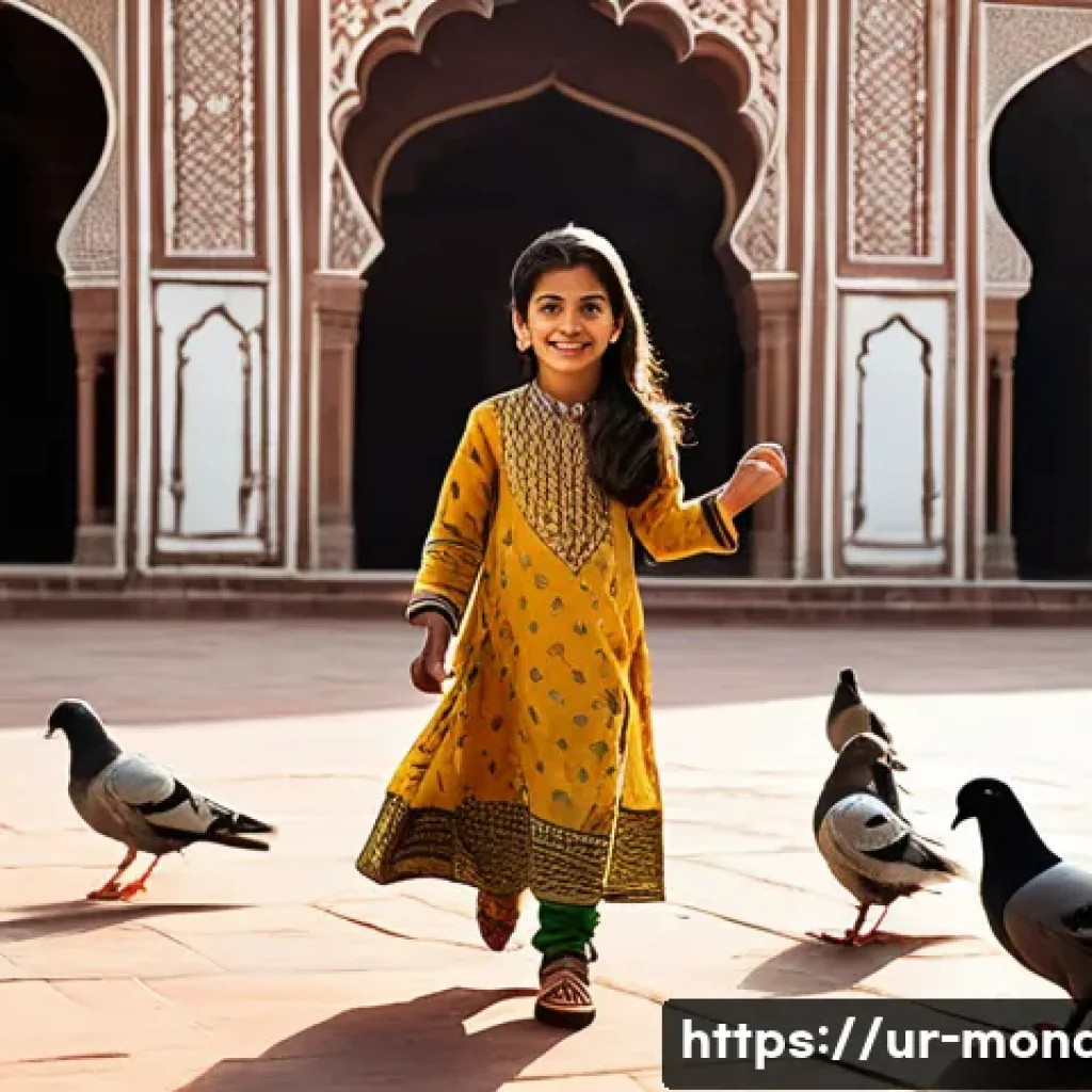 모나코 왕비 그레이스 켈리 - **Prompt:** A young Pakistani girl in a vibrant Shalwar Kameez, playfully chasing pigeons in the Bad...