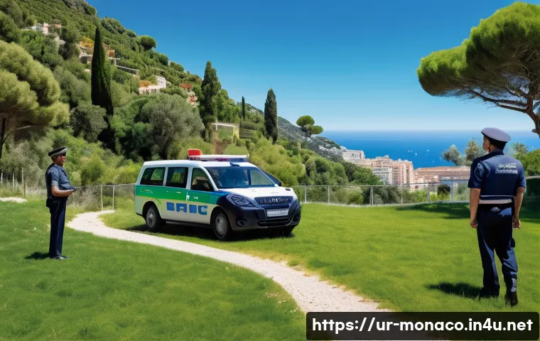 모나코와 프랑스의 관계 - A detailed scene depicting border security cooperation between Monaco and France: French and Monegas...