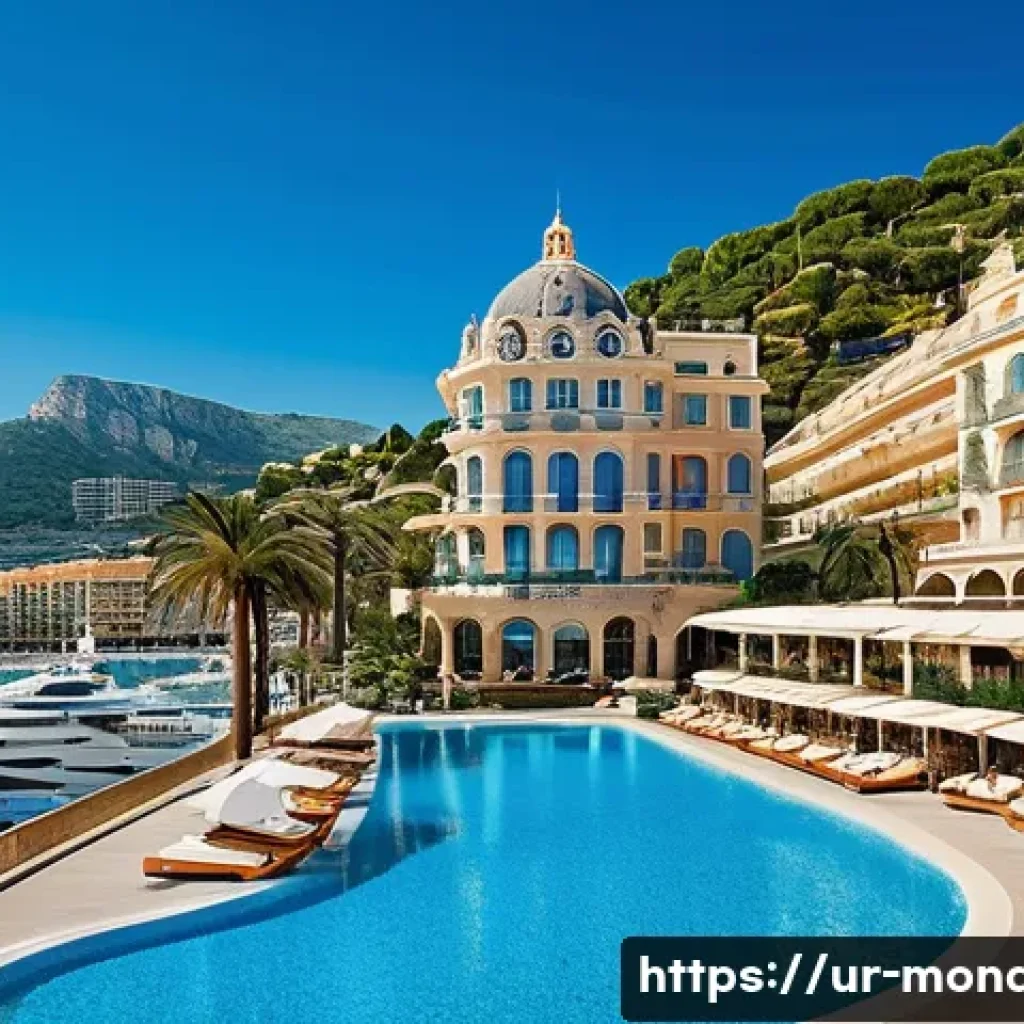 모나코 경제 및 주요 산업 - A luxurious Monte Carlo resort scene during a sunny summer day, showcasing an elegant hotel with uni...