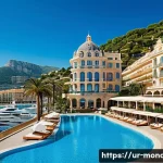 모나코 경제 및 주요 산업 - A luxurious Monte Carlo resort scene during a sunny summer day, showcasing an elegant hotel with uni...