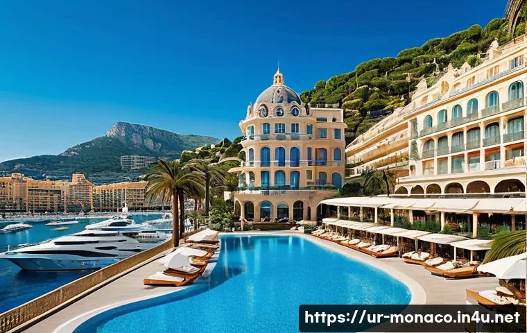모나코 경제 및 주요 산업 - A luxurious Monte Carlo resort scene during a sunny summer day, showcasing an elegant hotel with uni...