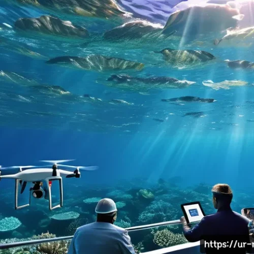 모나코에서의 해양 생태 연구 및 보존 - A detailed futuristic marine monitoring scene featuring advanced drones flying over a sparkling blue...