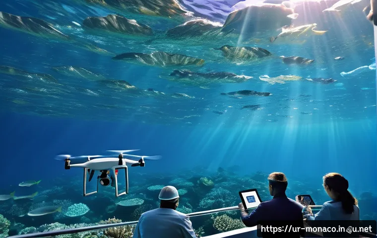 모나코에서의 해양 생태 연구 및 보존 - A detailed futuristic marine monitoring scene featuring advanced drones flying over a sparkling blue...