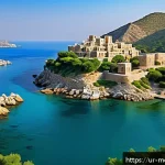 모나코 공국 설립 과정 - A detailed ancient Mediterranean coastal fortress city named Mo Niko, perched on rocky hills with lu...