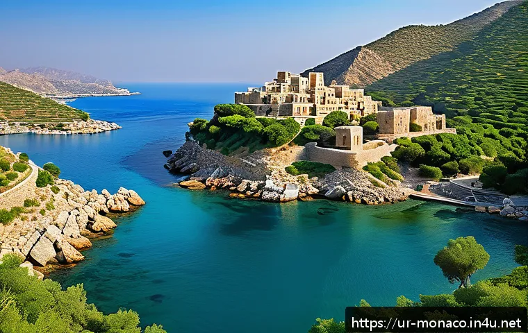 모나코 공국 설립 과정 - A detailed ancient Mediterranean coastal fortress city named Mo Niko, perched on rocky hills with lu...