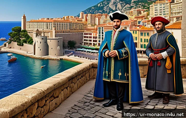모나코 왕실 계보 - A detailed historical scene of the Grimaldi family establishing the principality of Monaco in 1297, ...