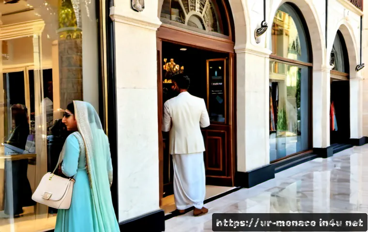 Home 17 모나코에서의 쇼핑 및 명품 브랜드 - Photorealistic luxury shopping street in Monaco, elegant Urdu-speaking South Asian couple browsing r...
