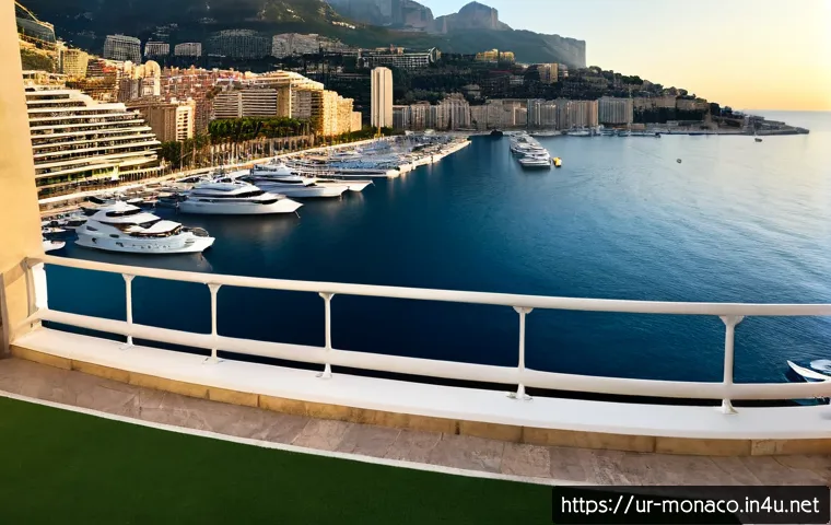 Home 17 모나코의 경제 성장 요인 - Photorealistic panoramic view of Monaco’s modern harbor economy at sunrise, elegant white yachts bes...
